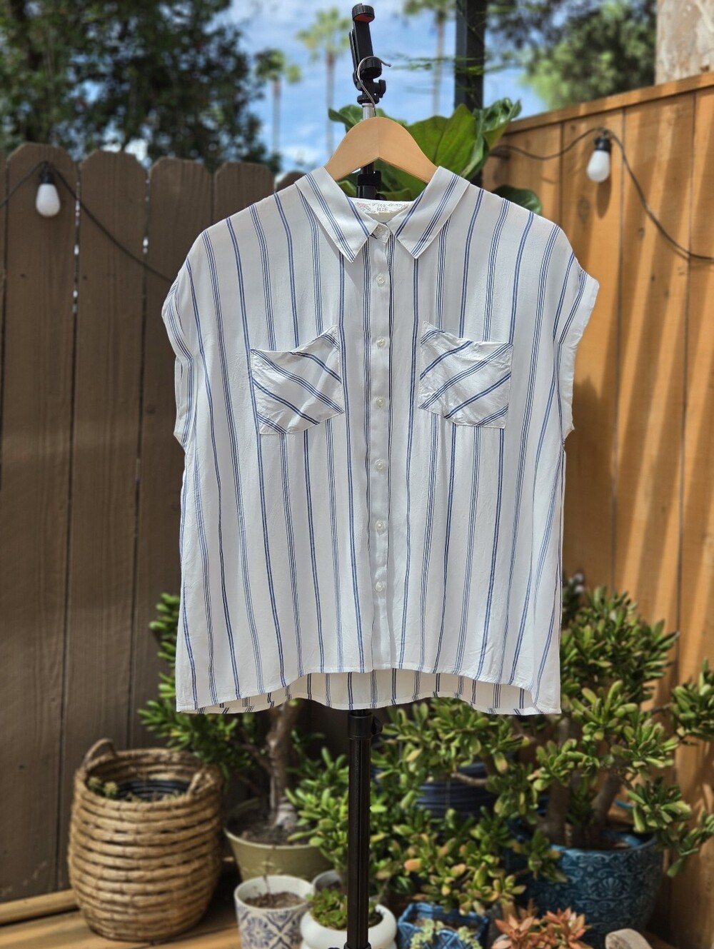 Pink Rose White and Blue Striped Button-Down Shirt